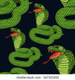seamless pattern green king cobra with fangs  at night vector illustration
