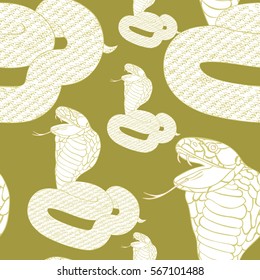 seamless pattern green king cobra with fangs  on gold vector illustration