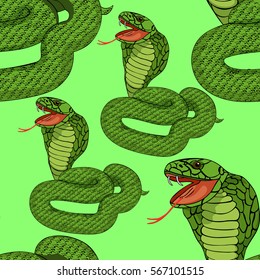 seamless pattern green king cobra with fangs on green  vector illustration