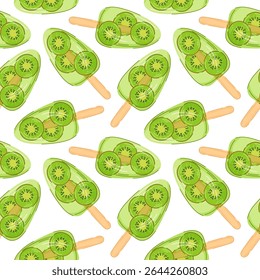 Padrão contínuo com picolé de sorvete de kiwi verde em fundo branco no estilo de desenho animado. Perfeito para design de frutas de verão, embalagem de sobremesa e ilustração de alimentos com tema tropical.