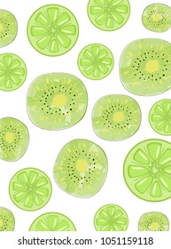 Seamless pattern with green kiwi and lime slices on white.Vector fruit background.