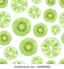 Seamless Pattern With Green Kiwi And Lime Slices On White.Vector Fruit Background.