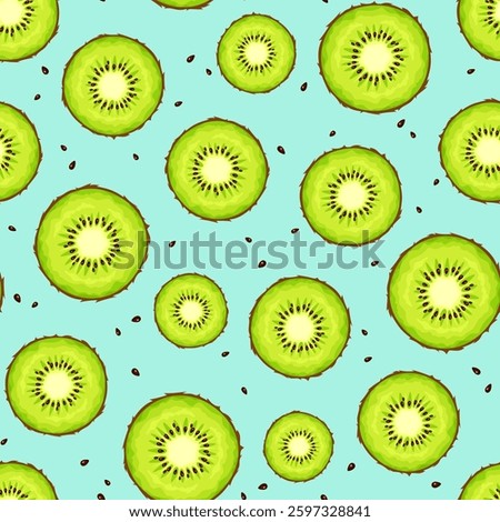 Seamless pattern with green kiwi slices and seeds on a blue background. Vector fruit print. Hand-drawn illustration, not AI