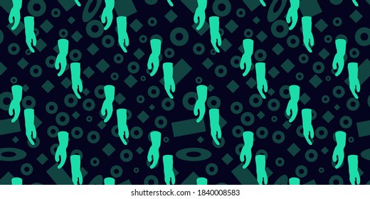 Seamless pattern of green latex gloves design on memphis element background. Vector illustration eps10.

