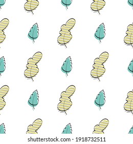 Seamless pattern with green leaf. Drawn by hand. Delicate, elegant textile, brown paper mockup. Vector illustration.