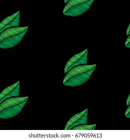 Seamless pattern with green leaf embroidery stitches imitation. Embroidery background with leaf. Embroidery green color leaf seamless pattern.