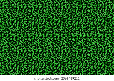 Seamless pattern with a green leaf and flower design. The pattern consists of leaves, flowers small floral elements densely arranged. Perfect for backdrop, wallpaper, textile, fabric and other needs.