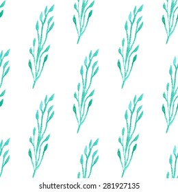Seamless pattern with green  leaf. Vector illustration. Watercolor painted background