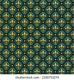 Seamless pattern with green leather upholstery, golden fleur-de-lis. Vector background.