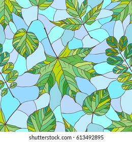 Seamless pattern with green leaves. Seamless background with maple, acacia, acer and linden leaves in stained glass style