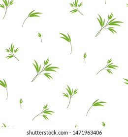 Seamless pattern. Green leaves of bamboo. Romantic vector background.Elegant template for fashion prints.White background, isolated. Motifs scattered random.Printing with greenery