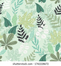 Patrón sin foco con hojas verdes. Hermosa huella con plantas dibujadas a mano. Diseño botánico. Ilustración vectorial.
