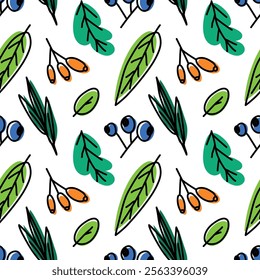 Seamless pattern with green leaves and berries on white background. Background for eco-themed projects, fabric prints, wallpapers, etc.