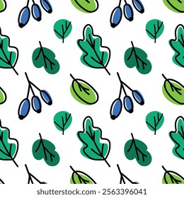 Seamless pattern with green leaves and berries on white background. Background for eco-themed projects, fabric prints, wallpapers, etc.