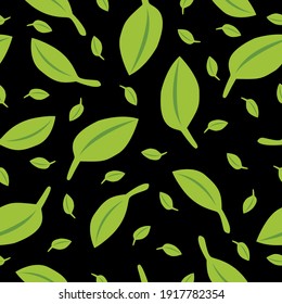 Seamless pattern with green leaves. Black background. Autumn, spring or summer. Nature and ecology. For packaging design and wrapping paper. For wallpaper, scrapbooking, textile and post cards