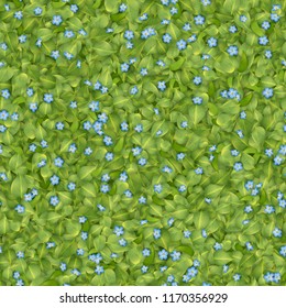 Seamless pattern with green leaves and blue flowers. Vector abstract background