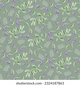 Seamless pattern with green leaves and blue berries. Twigs with ripe cherry on grey background. Hand-drawn design for wallpaper, card, templates. 