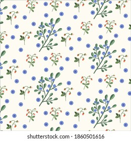 Seamless pattern with green leaves blueberry and strawberry branches. Doodle flat style concept for textile, package, wrapping paper, web, app, fabric, wallpaper. Modern scandinavian background.