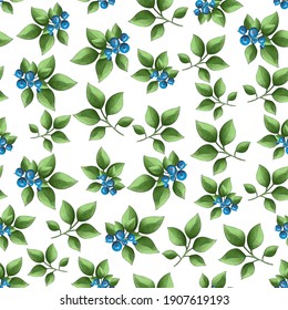 Seamless pattern with green leaves, blueberry and rowan branches. Drawn vector illustration isolated on white background.