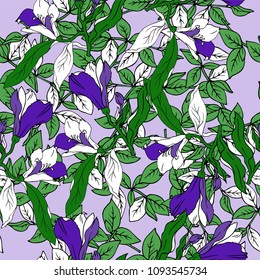 Seamless pattern with green leaves and branches and violet flowers on pastel lilac background. Hand drawn vector illustration.