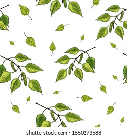 Seamless pattern of green leaves and branches on white. Vector illustrator of repeat background of green birch leafes for textile, print, banner, card, cover design. Doodle leaves.