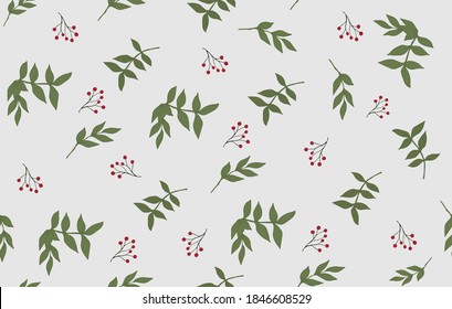 Seamless pattern with green leaves, branches and red barberry berries on a blue background. Design for interior, background, fabric, textile, paper, decoration, design, packaging, wallpaper