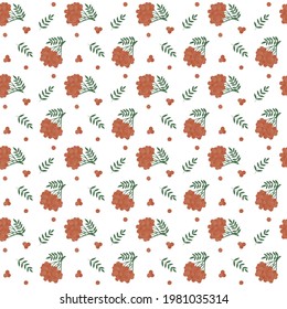 Seamless pattern of green leaves and branches with berries. Pattern of green leaves and berries on a white background for fabric, paper, textiles, clothing.