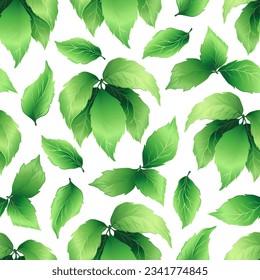 Seamless pattern of green leaves and branches. Decorative collection of gradient plants. Hand drawn botanical vector illustration for greeting card, invitation, wallpaper, wrapping paper, fabric