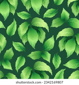 Seamless pattern of green leaves and branches. Decorative collection of gradient plants. Hand drawn botanical vector illustration for greeting card, invitation, wallpaper, wrapping paper, fabric