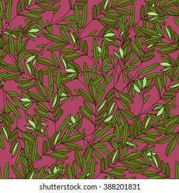 Seamless pattern with green leaves and branches on bright pink. Vector design for textile, fabric, wallpaper and wrapping paper design. 
