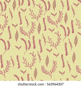 Seamless pattern with green leaves, branches and sticks, botanical theme. Soft pastel colors. Seamless vector background.