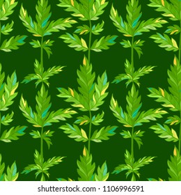 Seamless pattern of green leaves. Bright pinnate leaves on dark green background. Spring and summer boundless background. Tileable design element.
