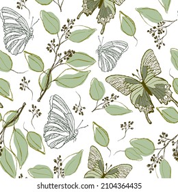 Seamless pattern with green leaves and butterflies. Spring pattern. Print for fabric, wrapping paper, wallpaper. Doodle 