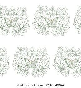 Seamless pattern with green leaves and butterflies. Spring pattern. Print for fabric, wrapping paper, wallpaper. Doodle pattern