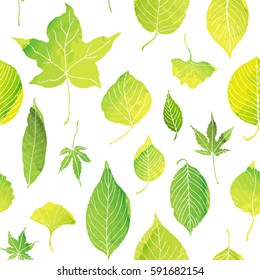 seamless pattern of green leaves by watercolor paint