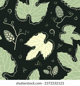 seamless pattern of green leaves, cones and climbing sprouts of hops on a dark green background