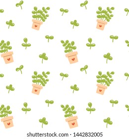 Seamless pattern with green leaves in cute flower pot. Vector illustration.