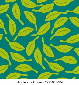 Seamless pattern with green leaves. Dark green background. Autumn, spring or summer. Nature and ecology. For packaging design and wrapping paper. For wallpaper, scrapbooking, textile and post cards