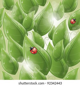 Seamless pattern - Green leaves design with ladybug, vector illustration, eps-10