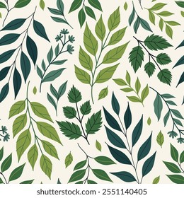 Seamless pattern with green leaves of different shapes on a white background. Vector graphics.