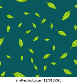 Seamless pattern of green leaves doodle. Vector illustration on color background.
