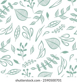 seamless pattern of green leaves in doodle style on a white background