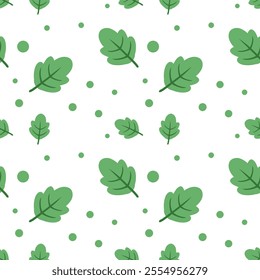Seamless pattern with green leaves and dots. Perfect for eco-friendly designs, nature-themed projects, and organic product packaging.