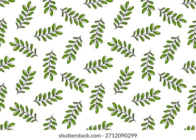 Padrão contínuo de folhas verdes, estilo desenhado. Fundo botânico de delicados galhos verdes, design de primavera para decorar papel de parede, tecidos, roupas. Nova impressão de verde suculento. Padrão elegante.