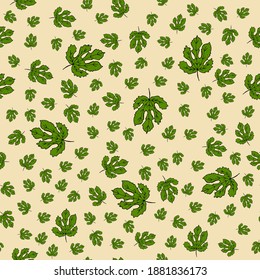 Seamless pattern with green leaves of figs on a beige background. Hand drawing. Vector illustration. Tropical plants.