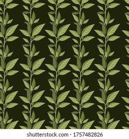 Seamless pattern of green leaves flat vector illustration on dark green background