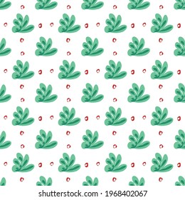 Seamless pattern with green leaves and flowers  White background  A red circle pattern  For printing, textiles, paper, gifts