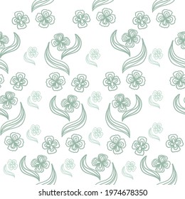 Seamless pattern with green leaves and flowers, isolated. Stock illustration. Vector.
