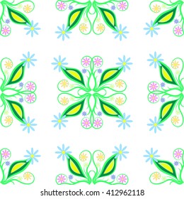 Seamless pattern with green leaves and flowers