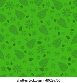 Seamless pattern with green leaves and flowers on a green background